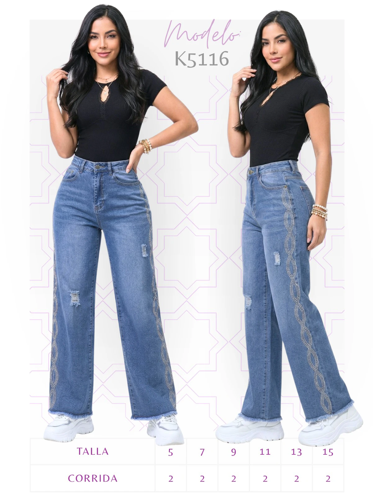 Jeans de corte recto para mujer con diseño de pedrería-K5116