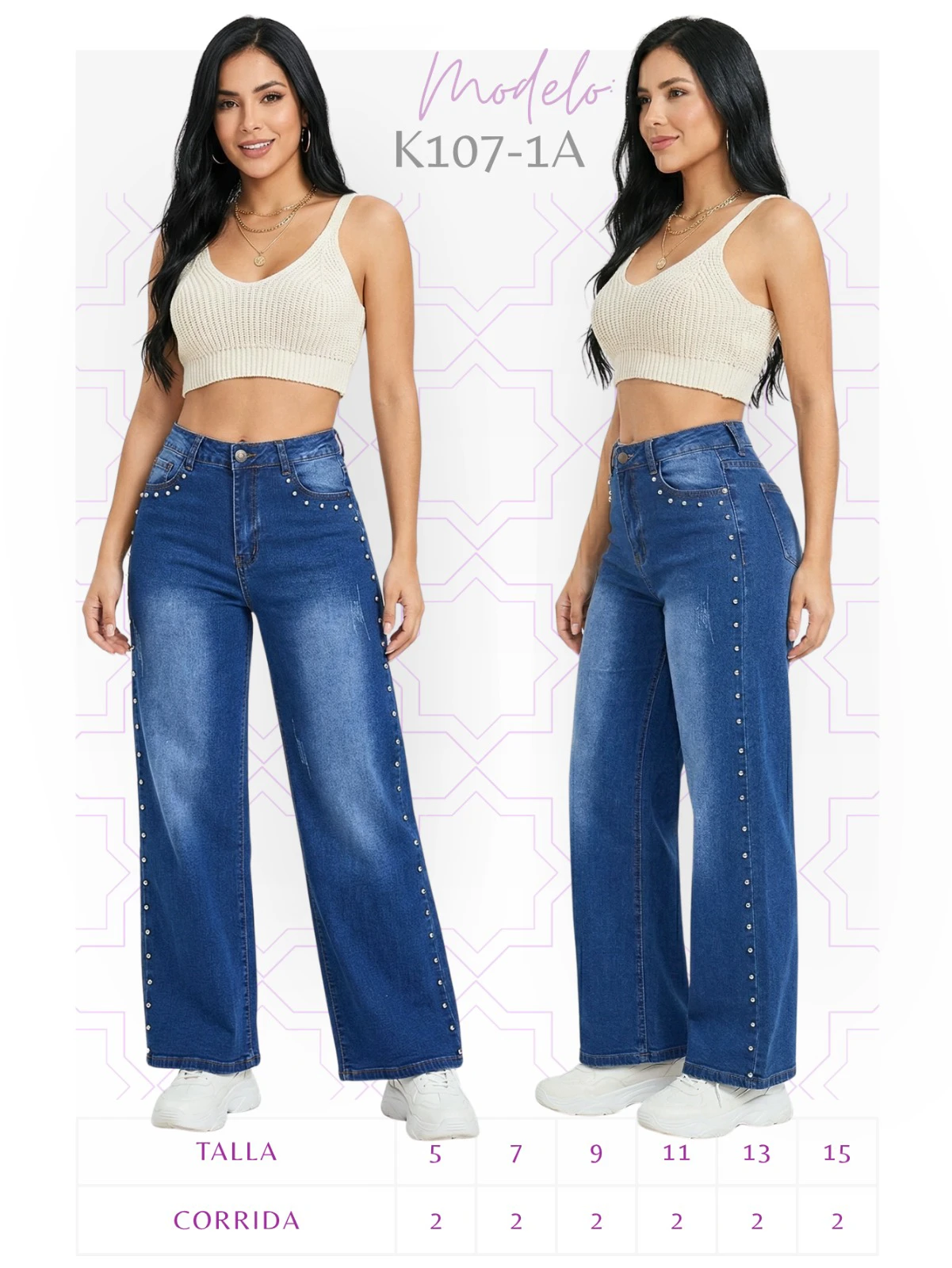 Jeans de mujer de corte recto con estoperoles laterales-K107-1A