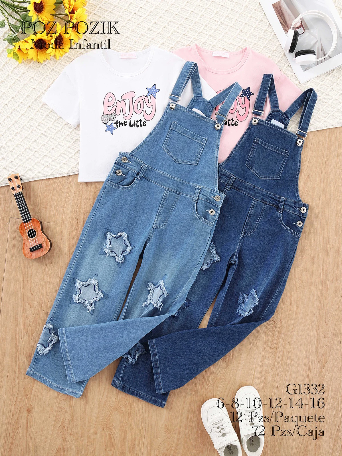 Conjunto Overol de mezclilla con blusa estrellas para niños-G1332