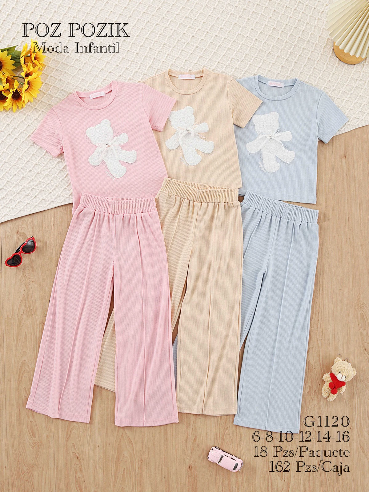 Conjunto de camiseta con aplique de oso y pantalón acanalado-G1120