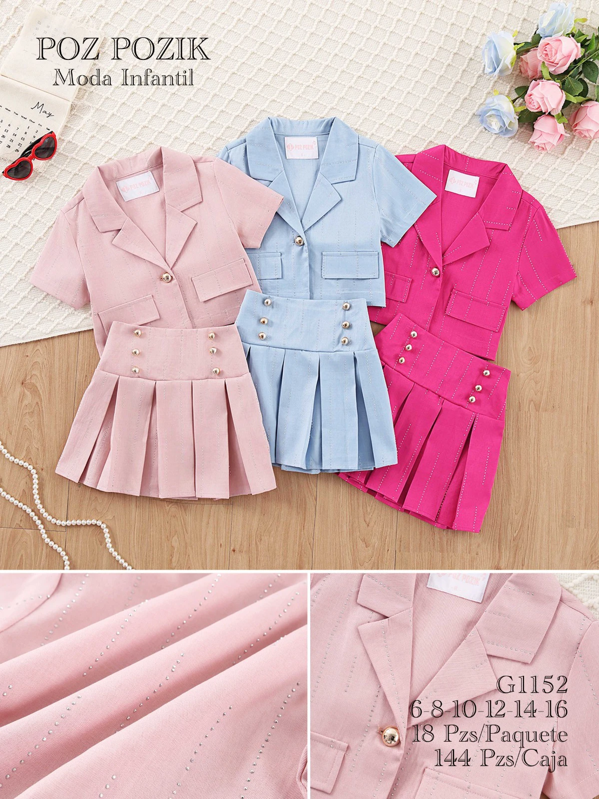 Conjunto de Blazer de Manga Corta y Falda Plisada Infantil-G1152