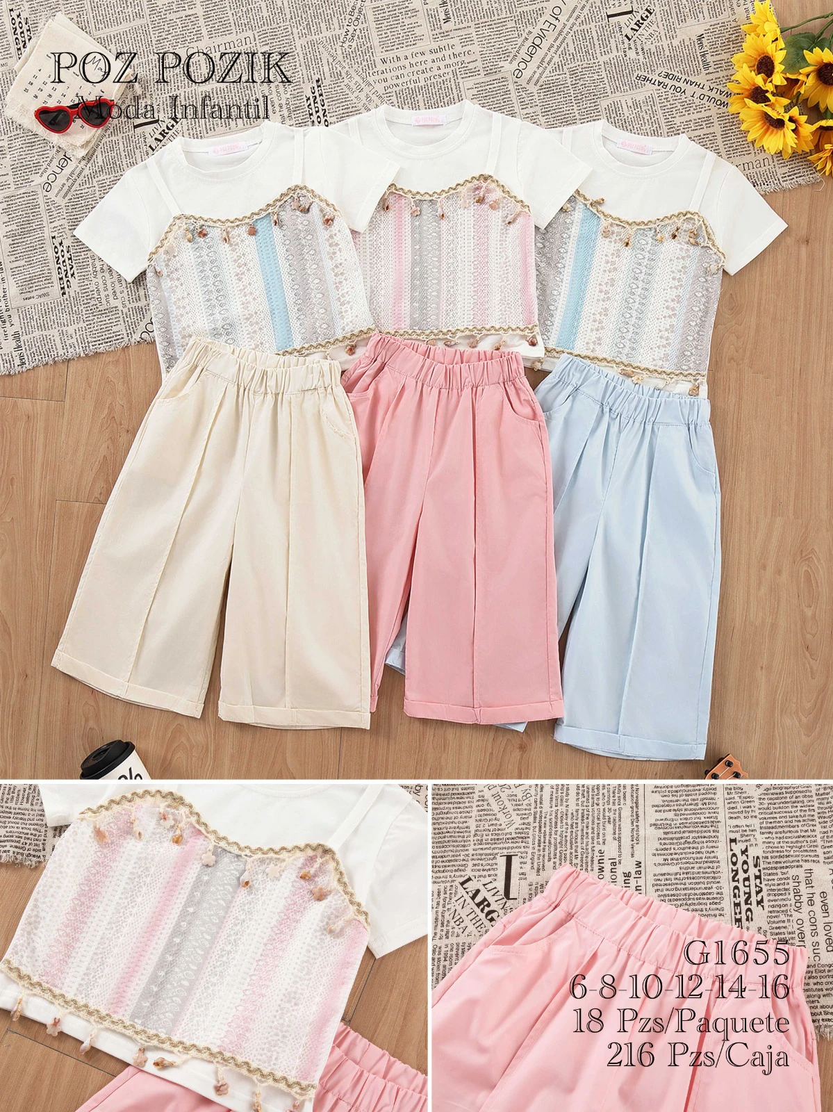Conjunto de camiseta con detalle de encaje y pantalón ancho-G1655