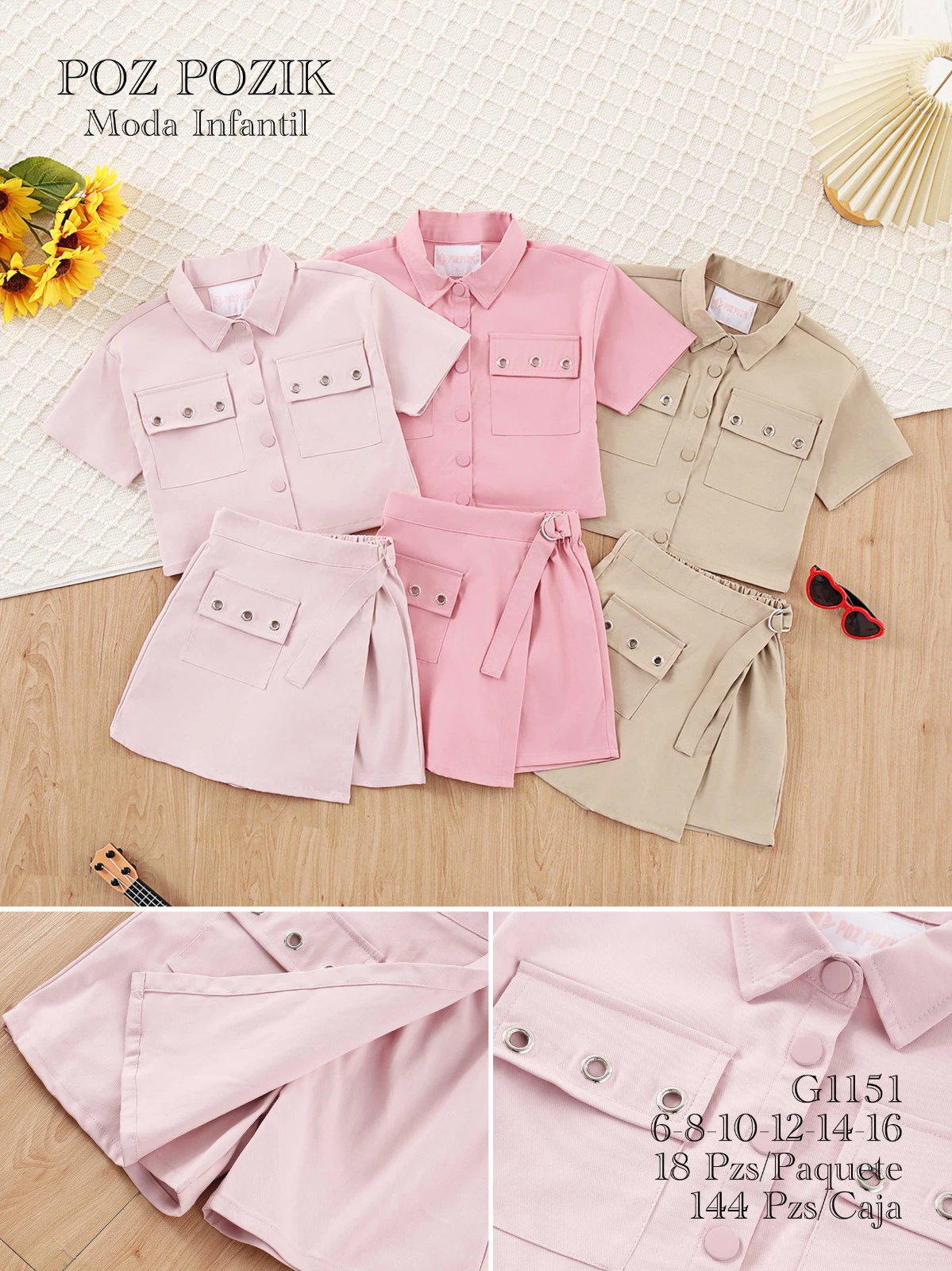 Conjunto de camisa de manga corta y falda con cinturón-G1151