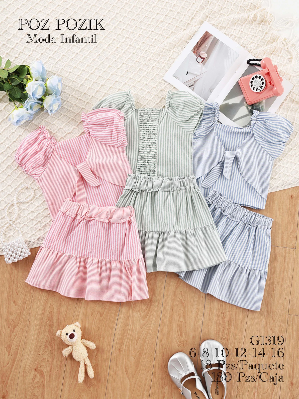 Conjunto de camiseta con mangas abullonadas y falda de volantes para niña-G1319