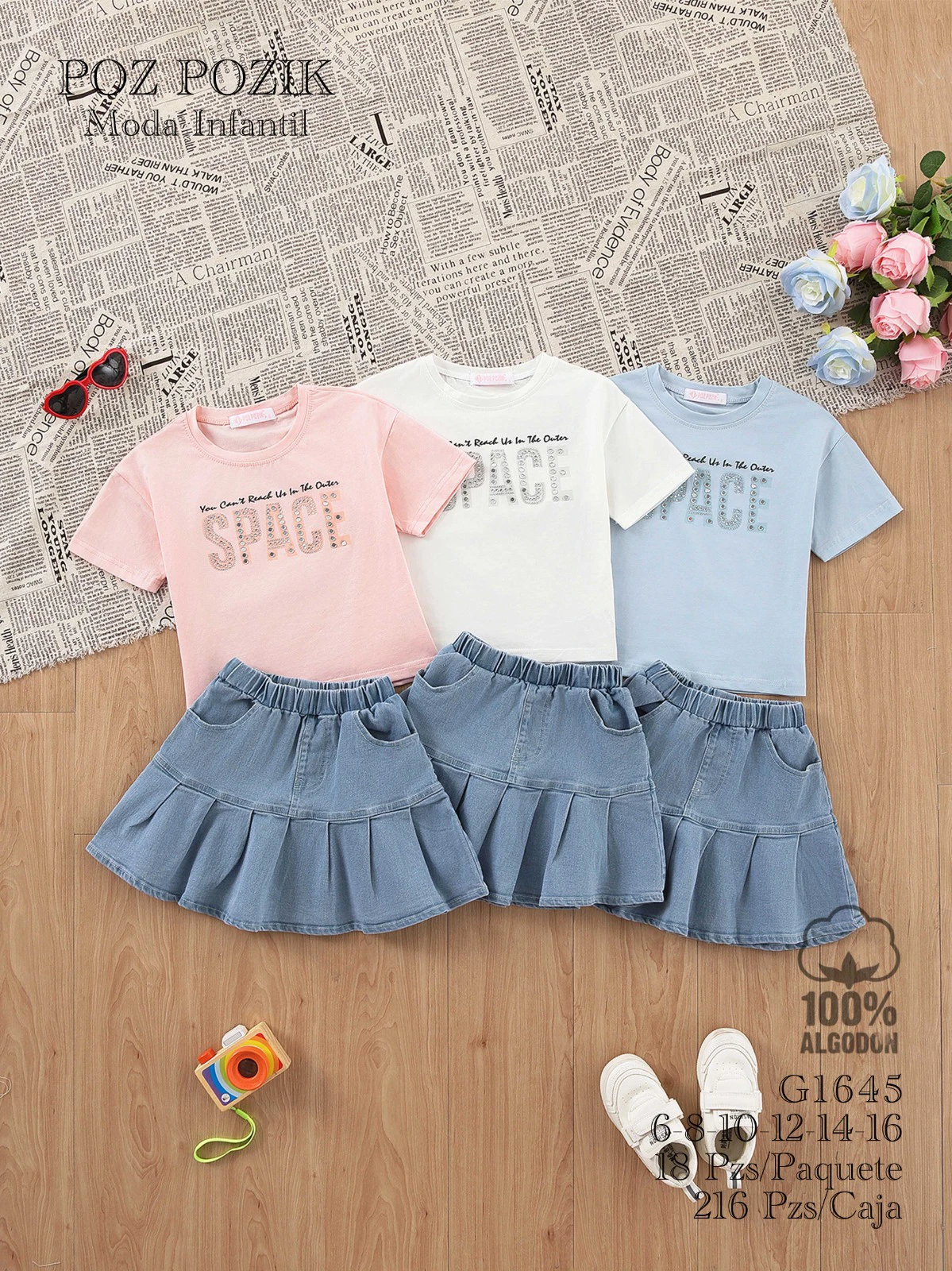Conjunto de camiseta con estampado y falda de mezclilla-G1645