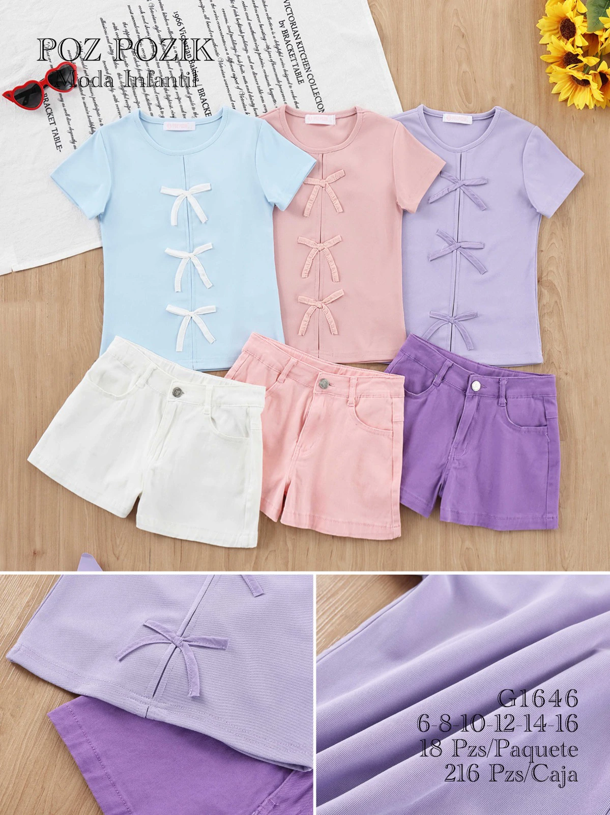 Conjunto de camiseta y shorts para niña con moños-G1646