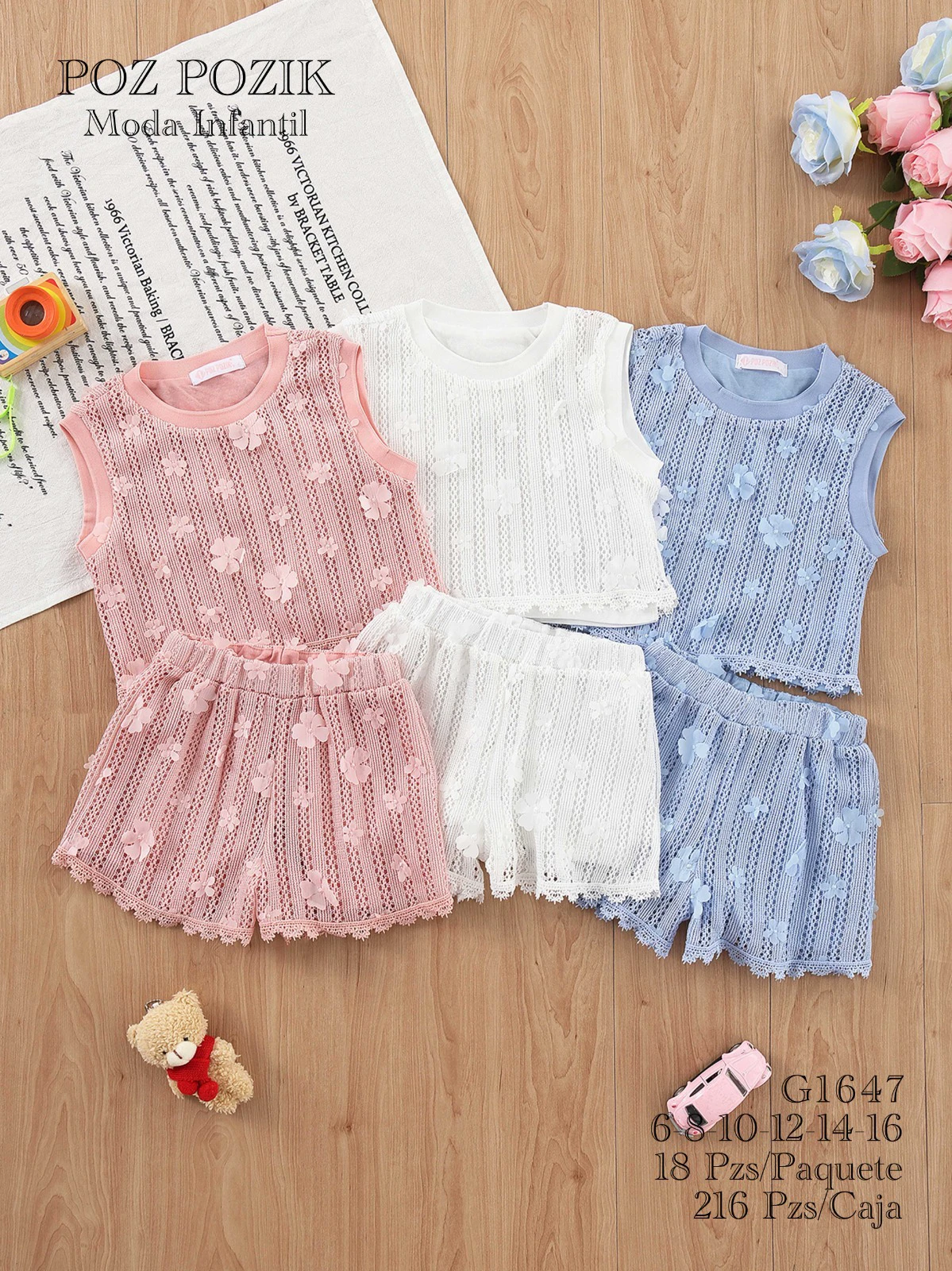 Conjunto de top sin mangas y shorts con diseño floral calado-G1647