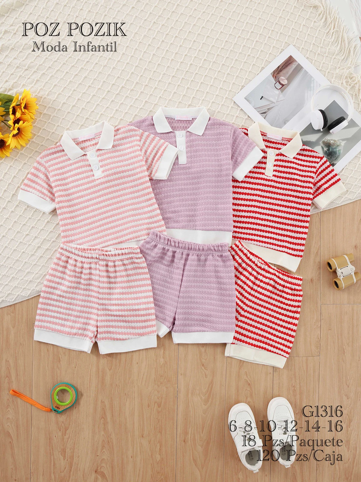 Conjunto de playera tipo polo y shorts para niños-G1316