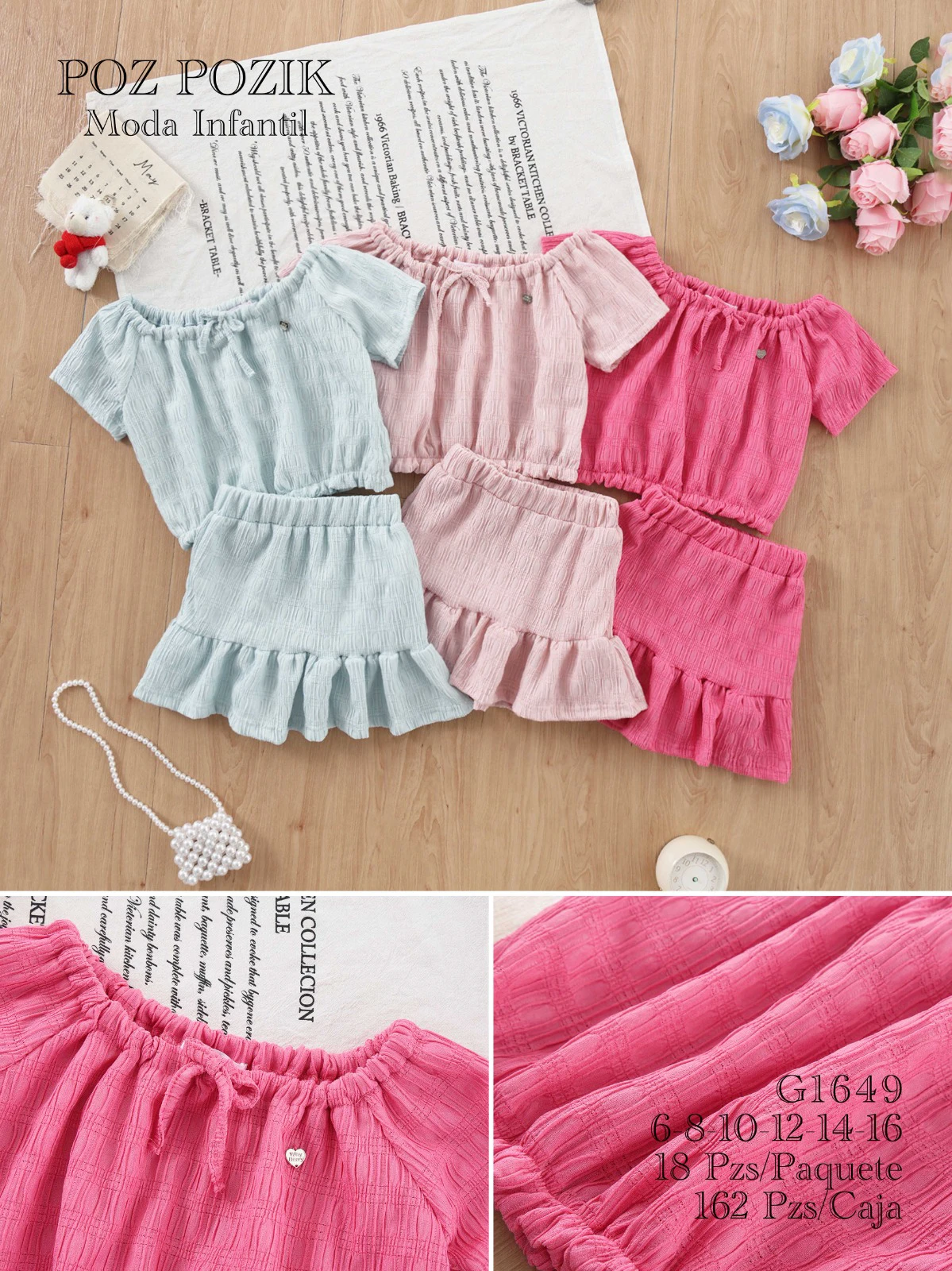 Conjunto de blusa manga corta y falda con volantes-G1649