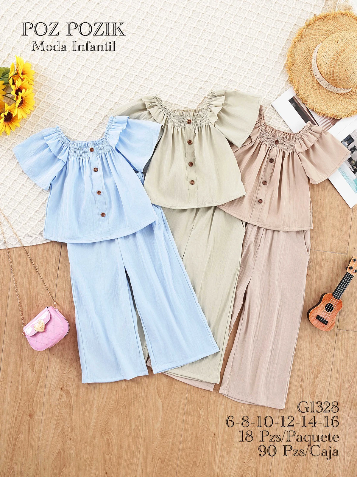 Conjunto de Blusa con Volantes y Pantalones Anchos para Niña-G1328