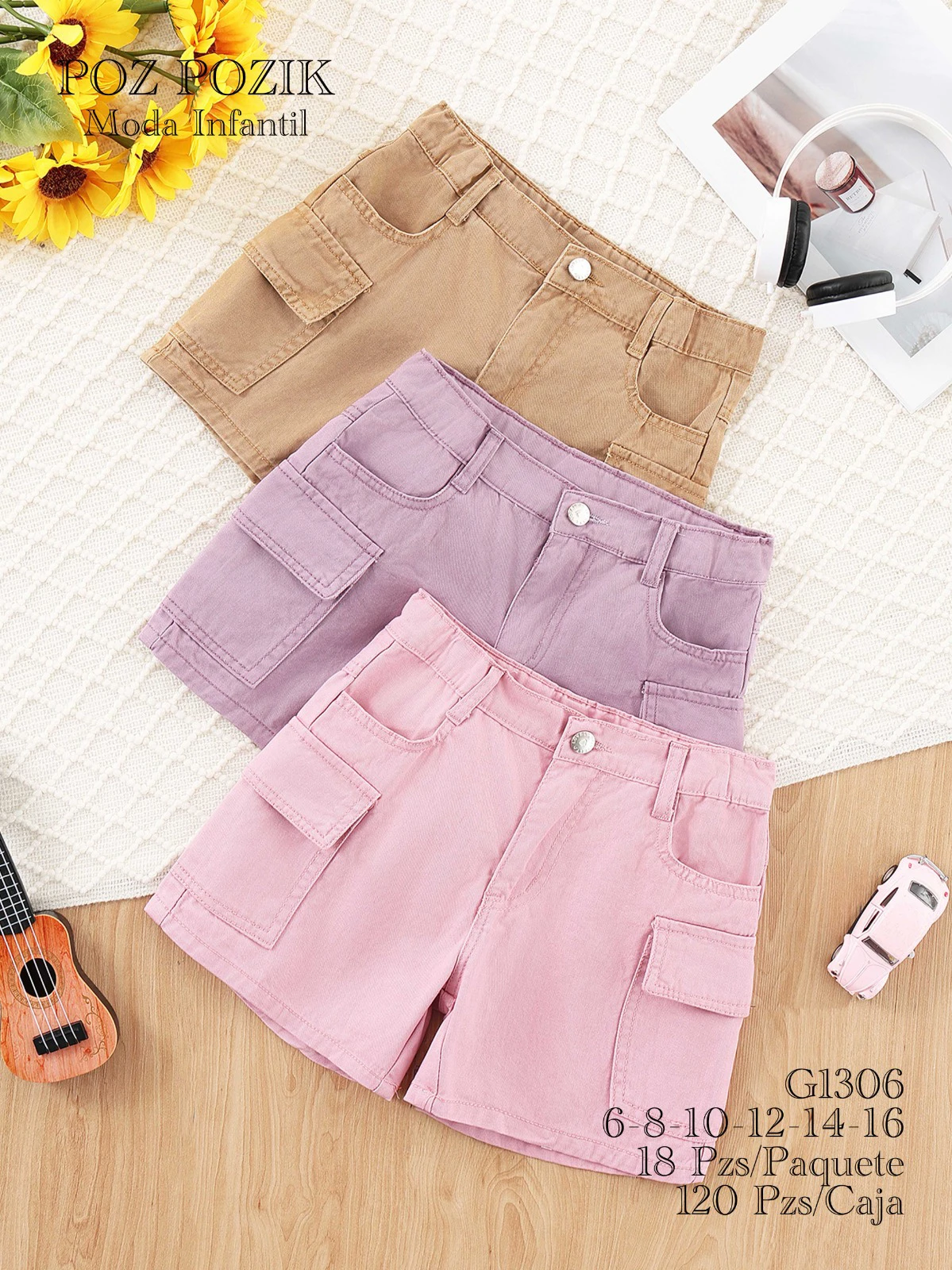 Shorts cargo de colores lisos para niños-G1306