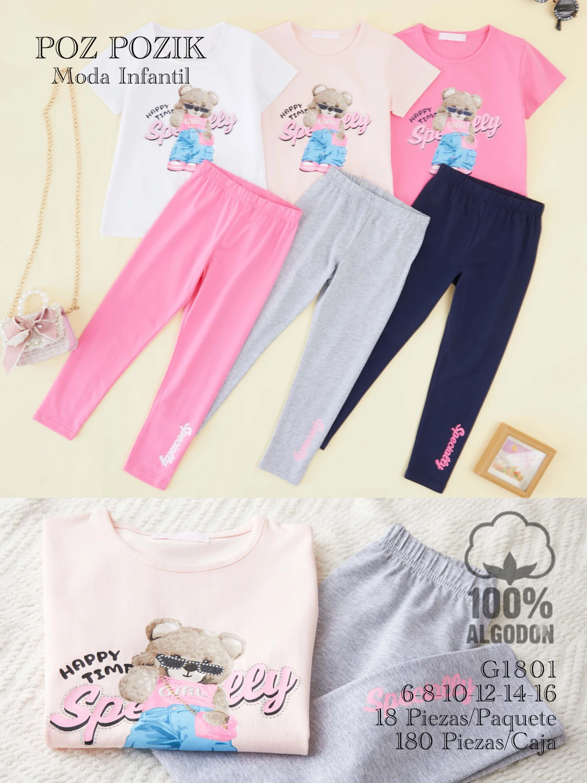 Conjunto de camiseta y leggings con estampado de oso-G1801