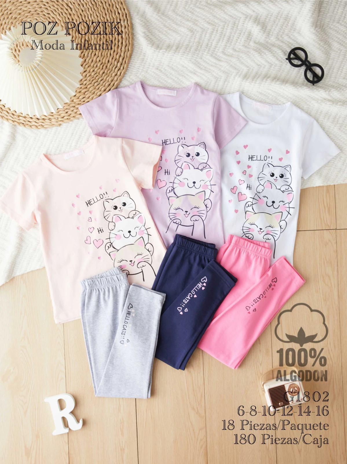 Pijama de dos piezas con estampado de gatos-G1802