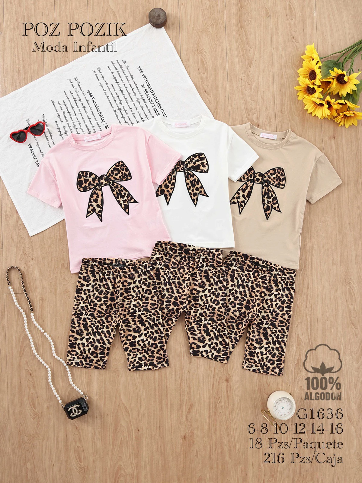 Conjunto de camiseta con estampado de lazo de leopardo y shorts-G1636