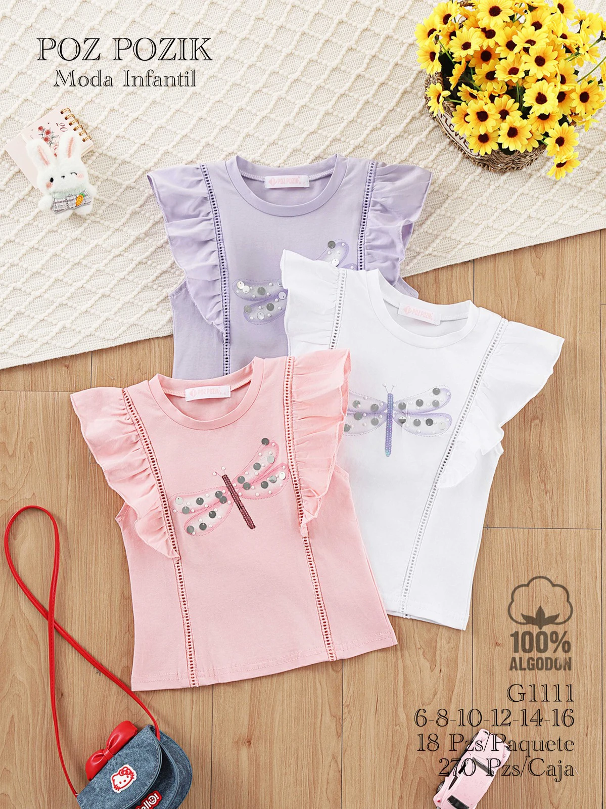 Blusas infantiles con volantes y diseño de libélula-G1111