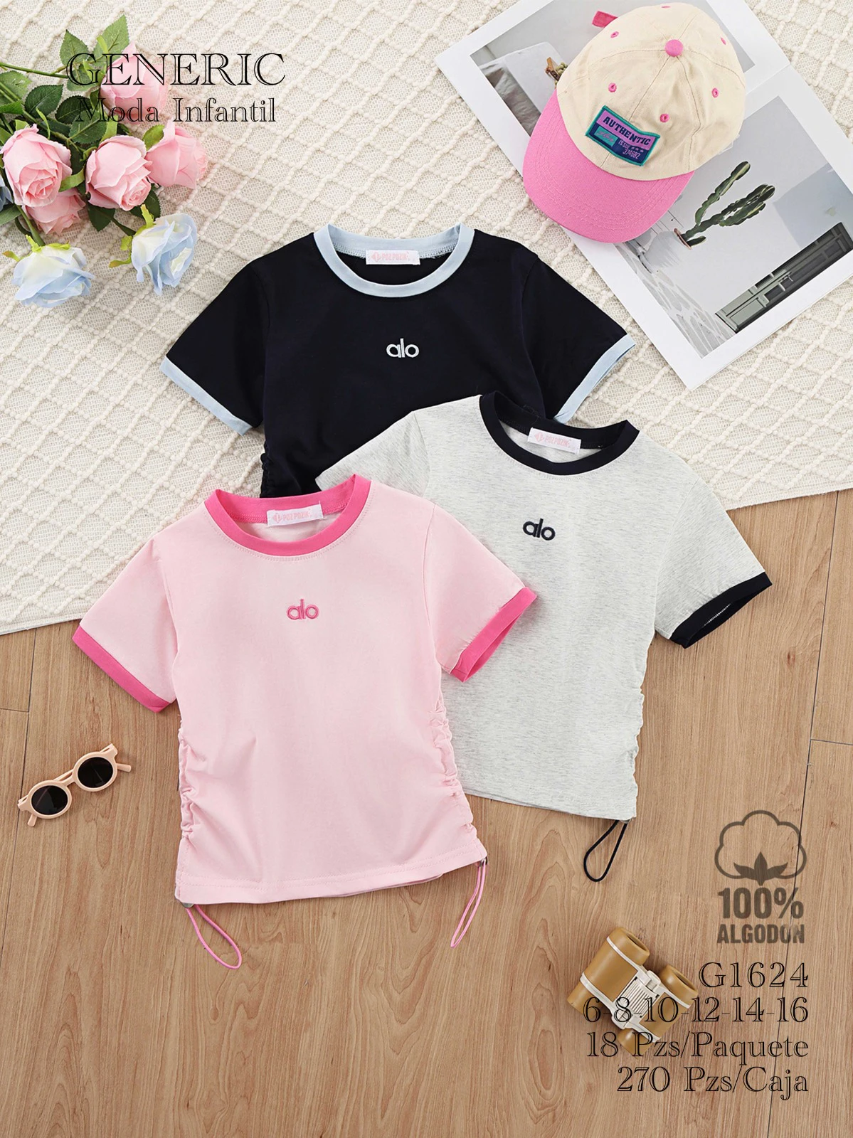 Playeras de Algodón de Manga Corta con Jareta para Niña-G1624