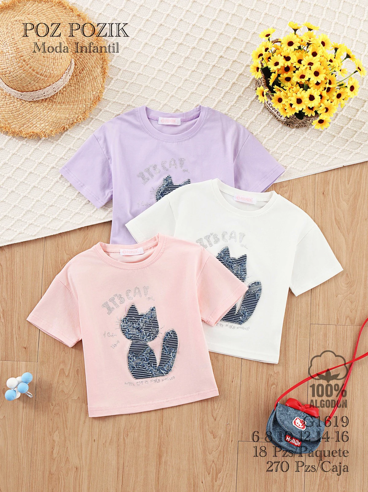 Camisetas de manga corta con estampado de gato-G1619