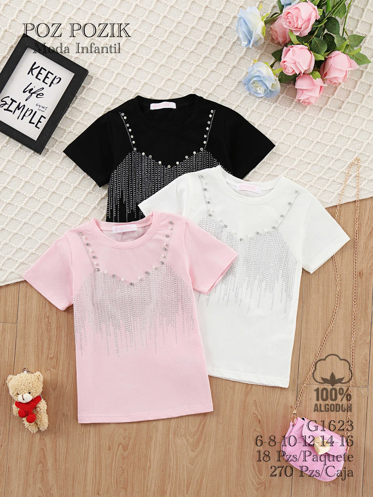 Playeras de manga corta con perlas y pedrería-G1623