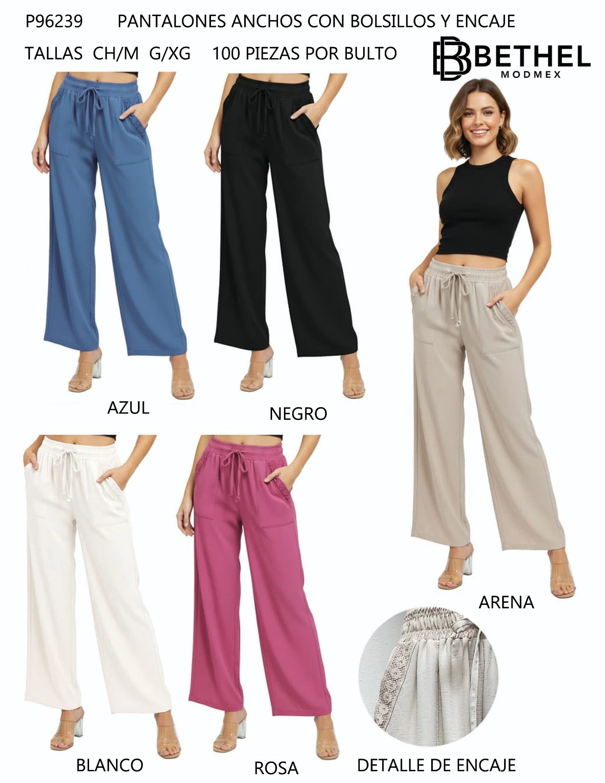 Pantalones anchos con bolsillos y encaje-P96239