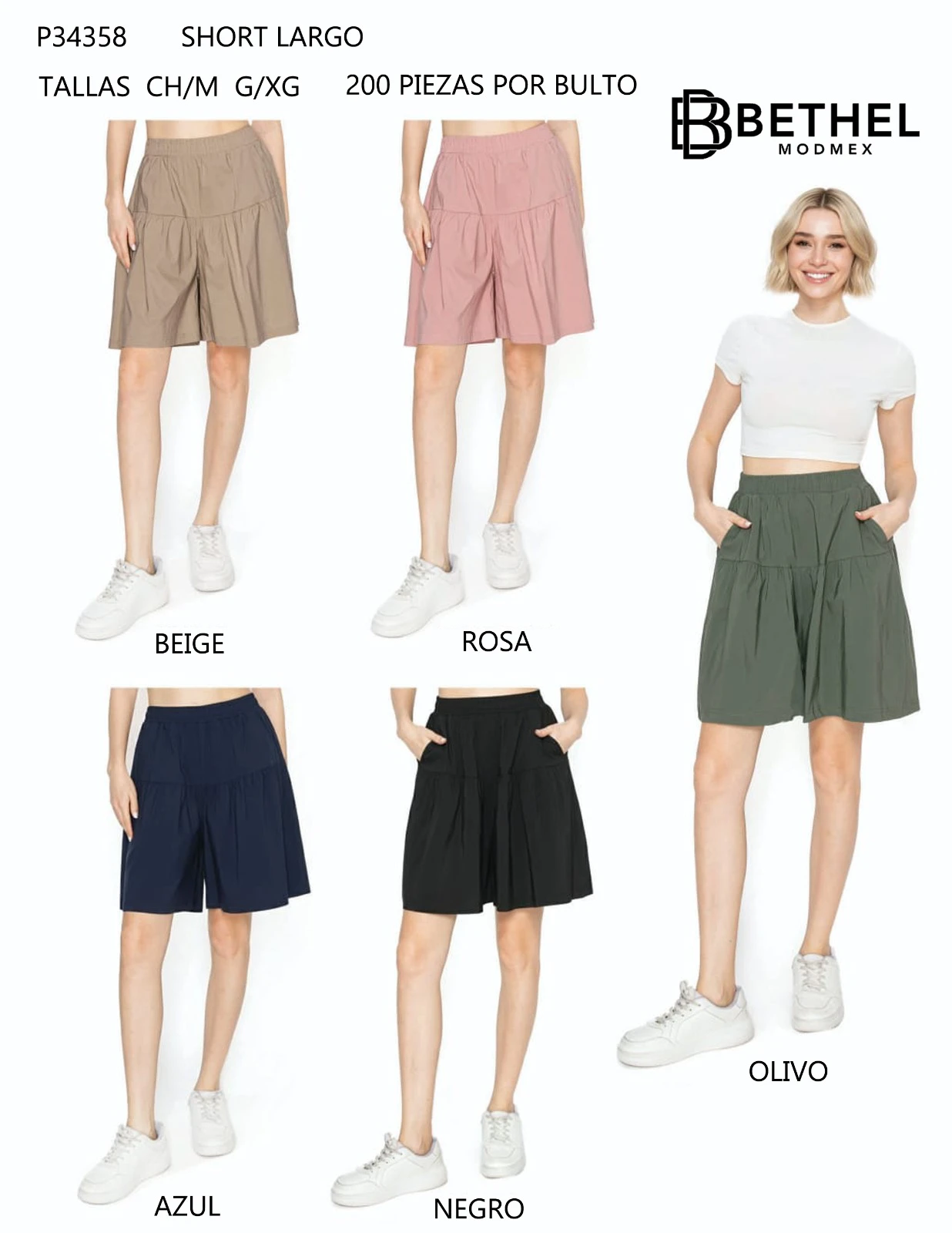 Short largo con elástico en cintura-P34358