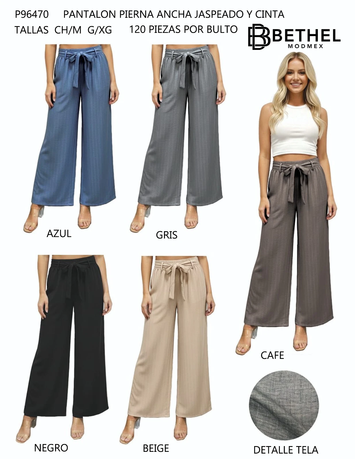 Pantalón de pierna ancha jaspeado con cinta-P96470