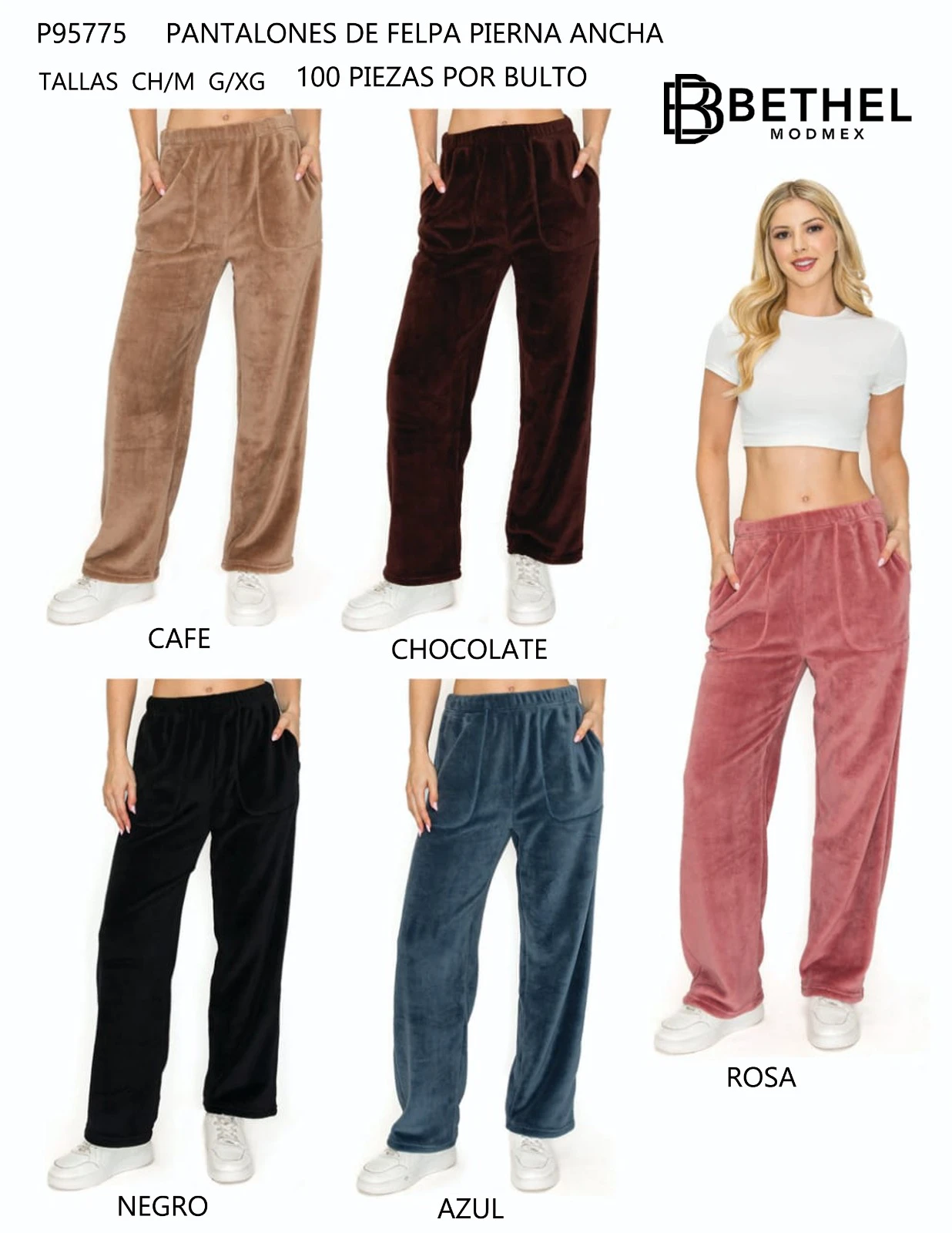 Pantalones de felpa pierna ancha-P95775
