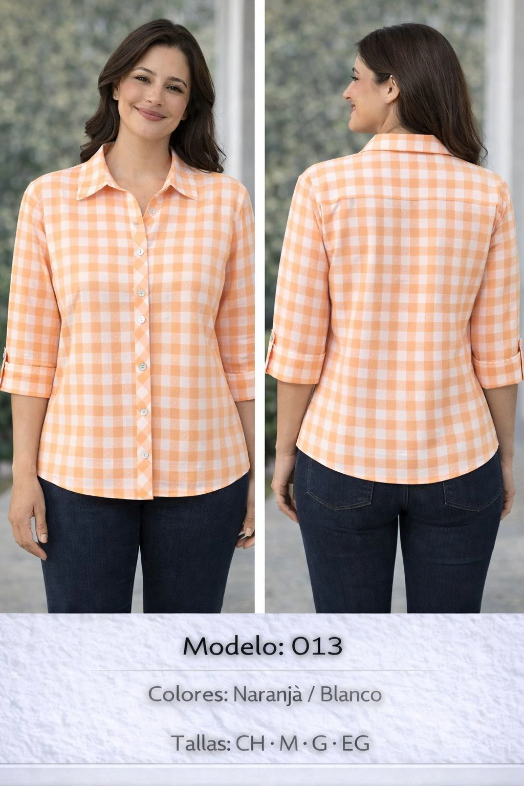 Camisa de cuadros vichy de manga larga para mujer-204E