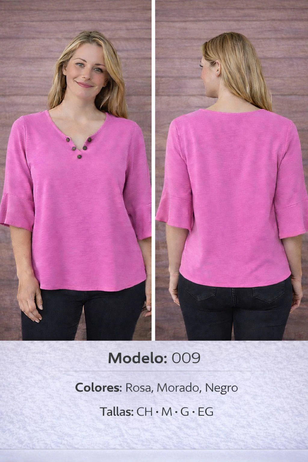 Blusa de textura ligera con escote en V y botones decorativos-009