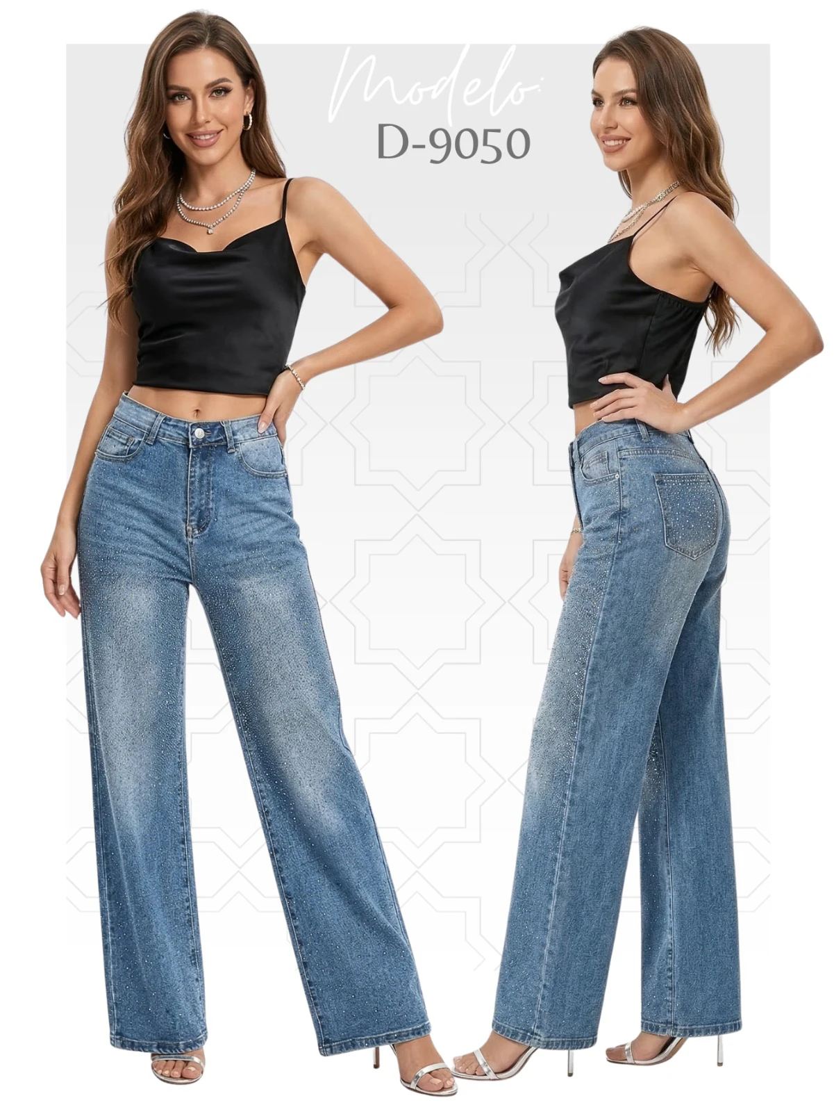 Jeans de Mujer de Corte Recto con Pedrería-D-9050