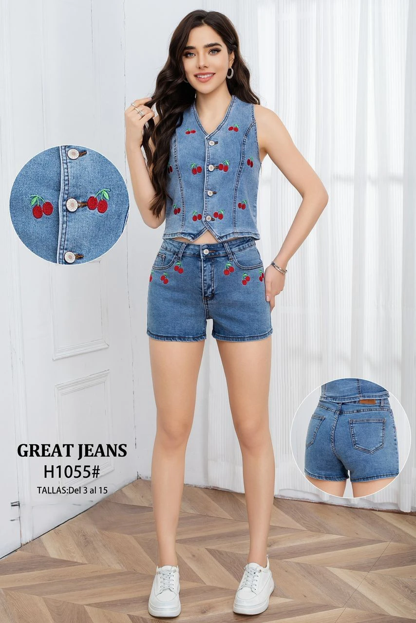 Conjunto de Chaleco y Shorts de Mezclilla con Bordado de Cerezas-H1055