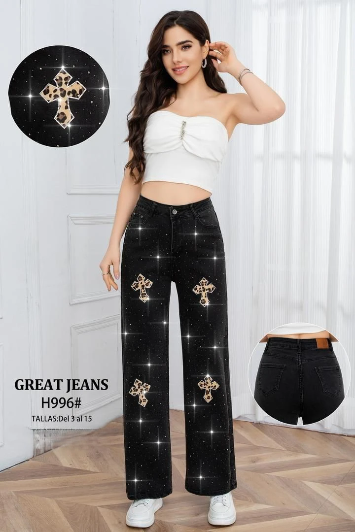 Pantalones de Mezclilla con Cruces de Animal Print-H996