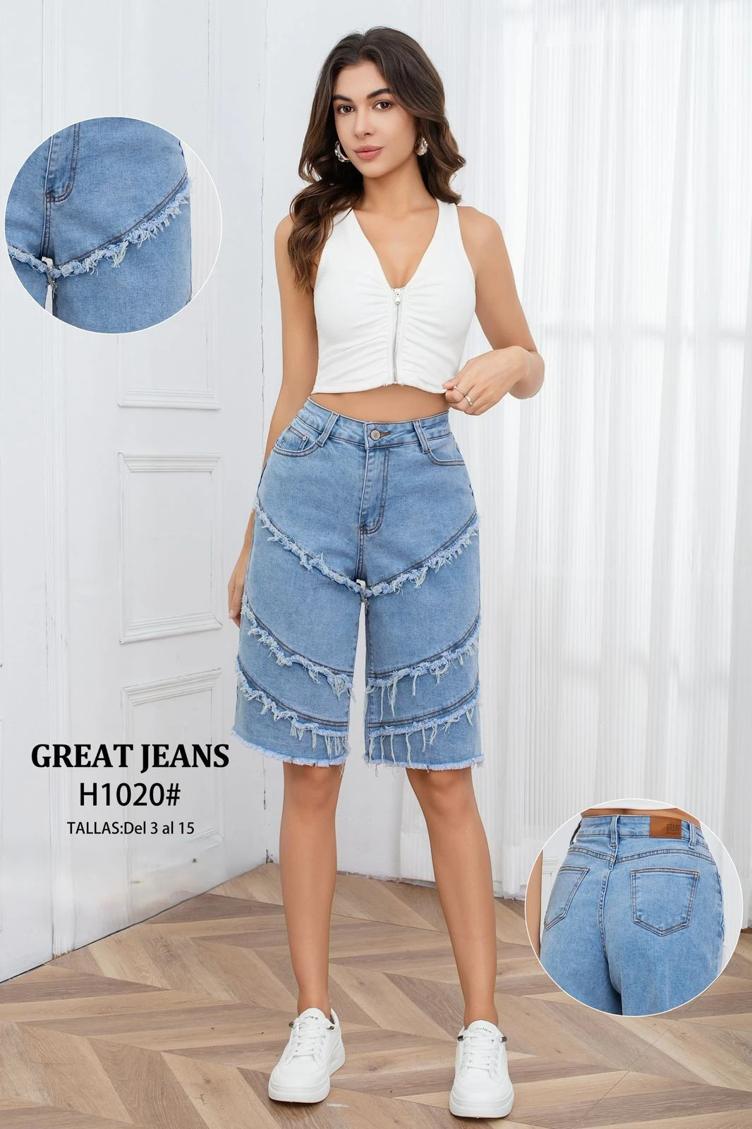 Bermudas de mezclilla con diseño de flecos-H1020