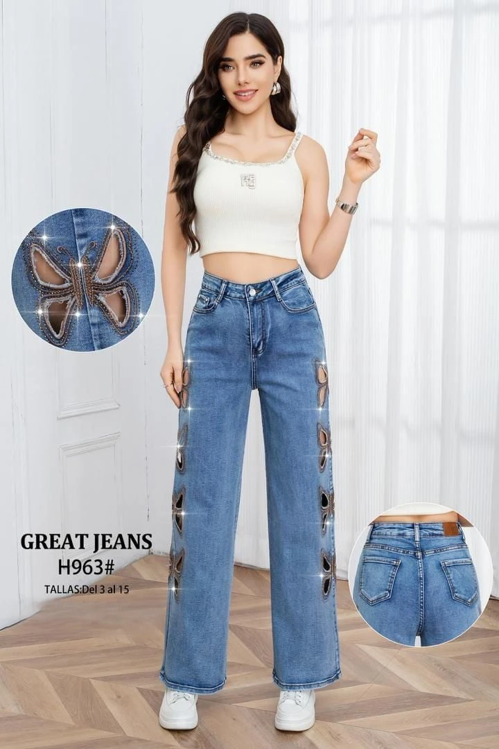 Jeans de corte recto con mariposas caladas-H963