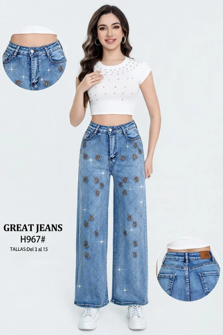 Jeans de mujer de corte recto con bordados y brillantes-H967