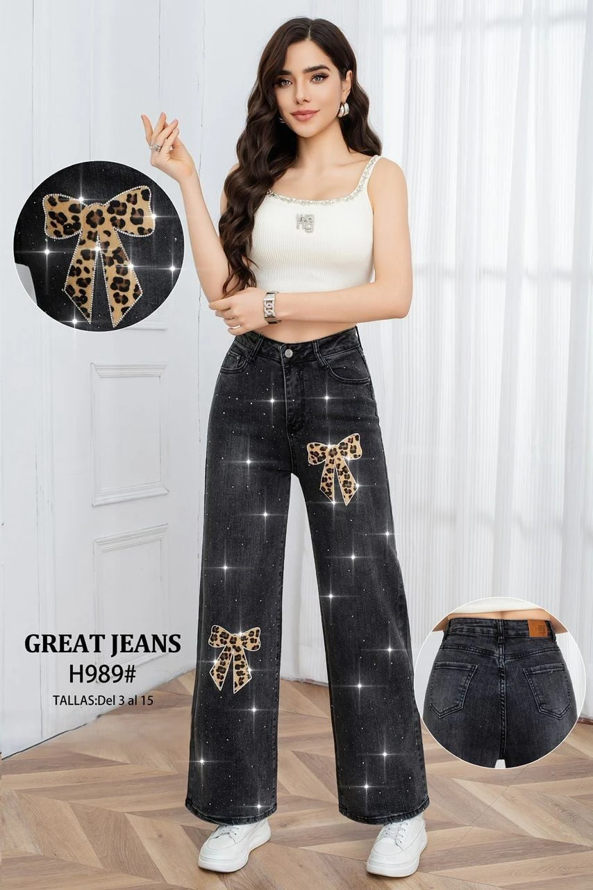 Jeans de mujer con lazos de leopardo y detalles brillantes-H989