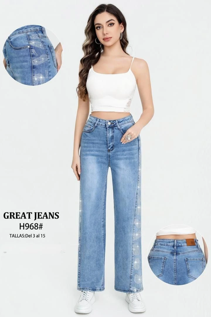 Jeans de mujer corte recto con detalles de pedrería-H968