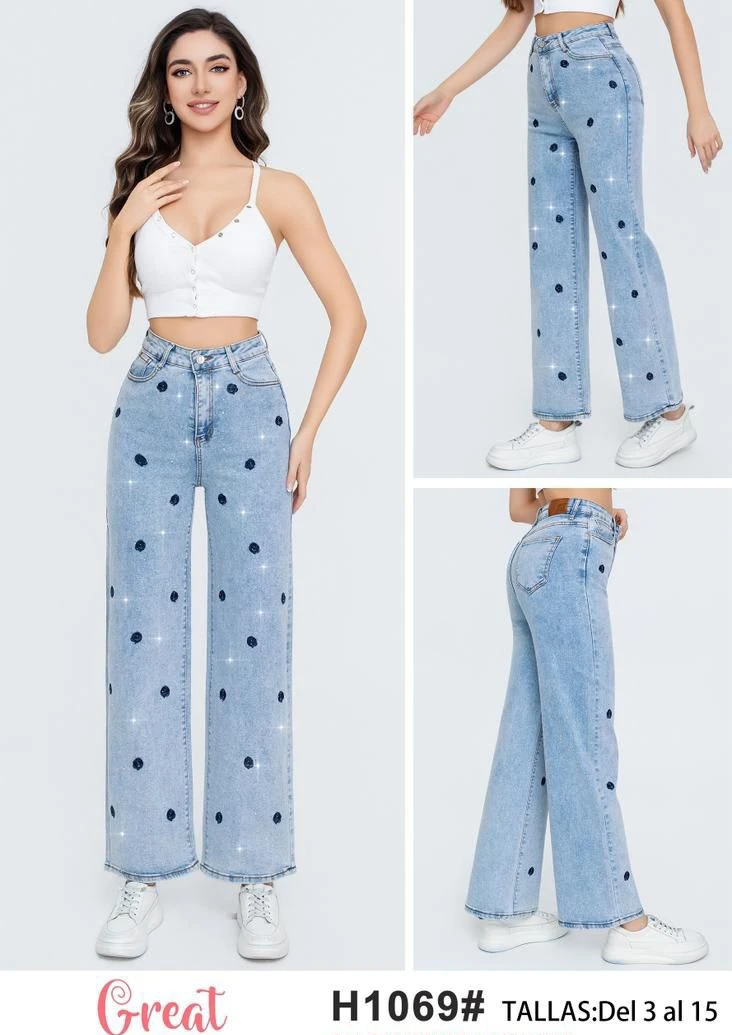 Jeans holgados con diseño de puntos bordados para mujer-H1069