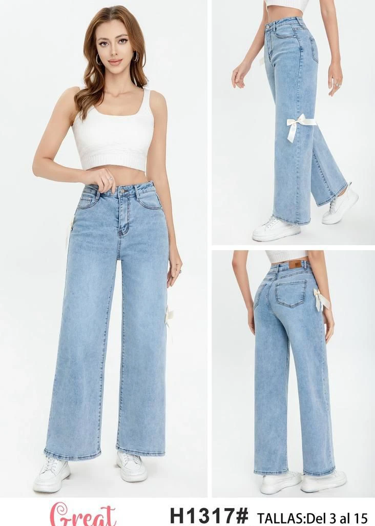 Jeans de corte recto con moños laterales para mujer-H1317