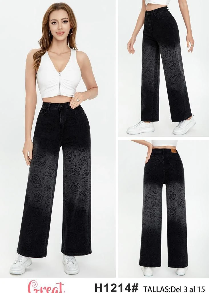 Jeans de corte recto con estampado de rosas-H1214