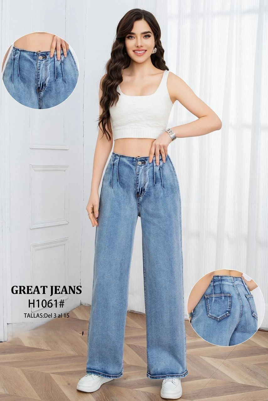 Jeans de mezclilla de tiro alto con pliegues-H1061