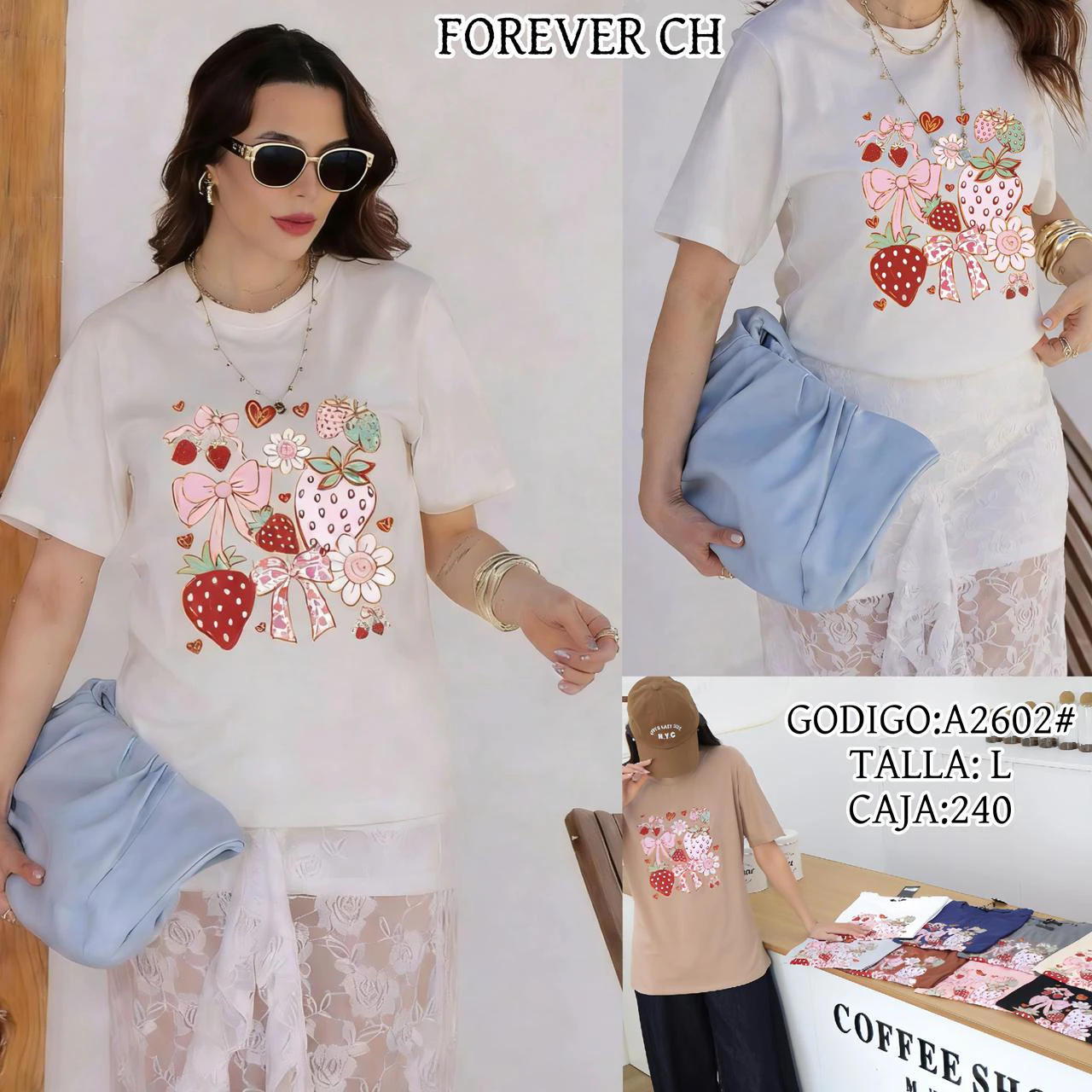 Camiseta de manga corta con estampado de fresas-A2602