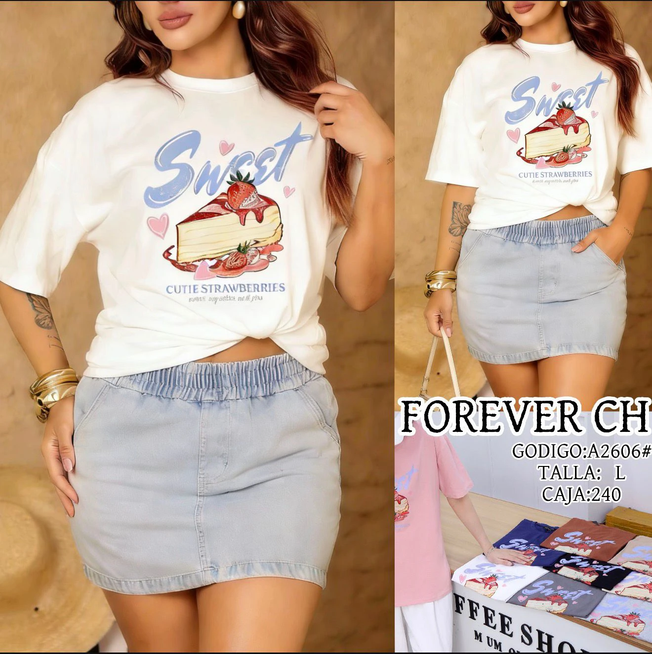 Playera con estampado de fresas y pastel-A2606