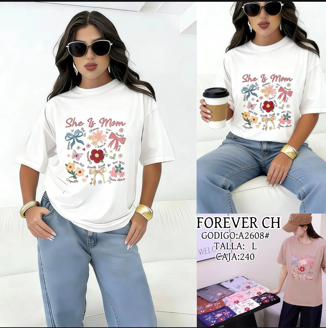 Playera con estampado floral y mensaje ‘She Is Mom’-A2608