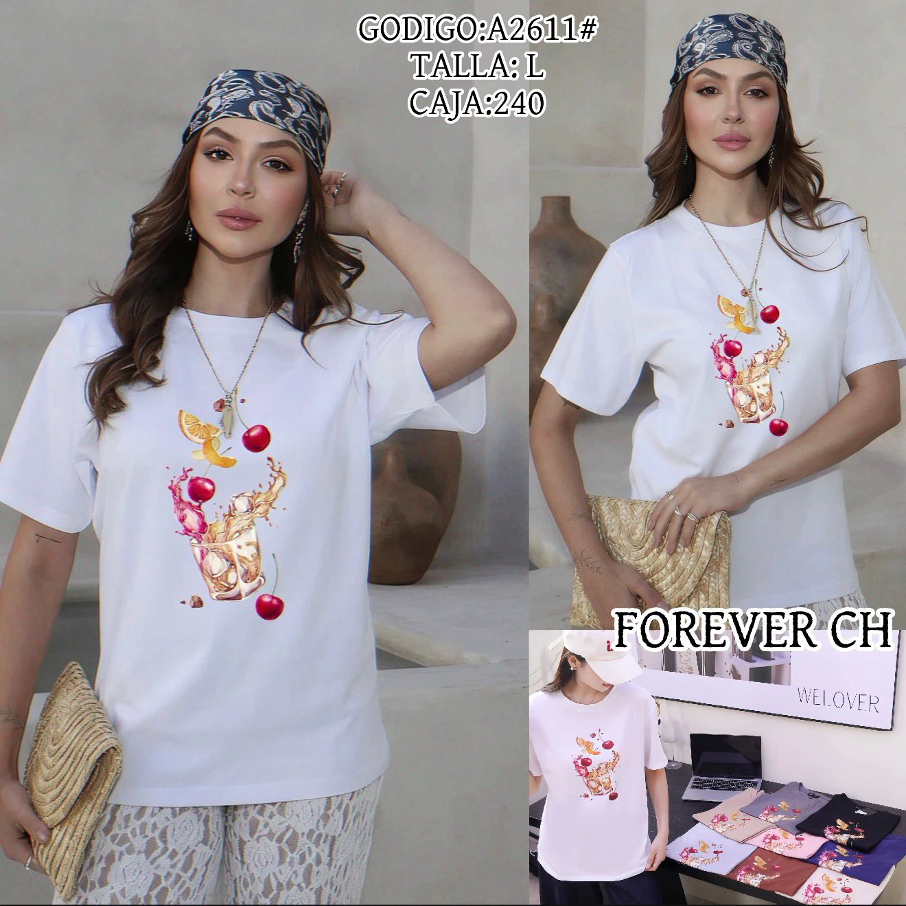 Playera de mujer con estampado de cóctel y frutas-A2611