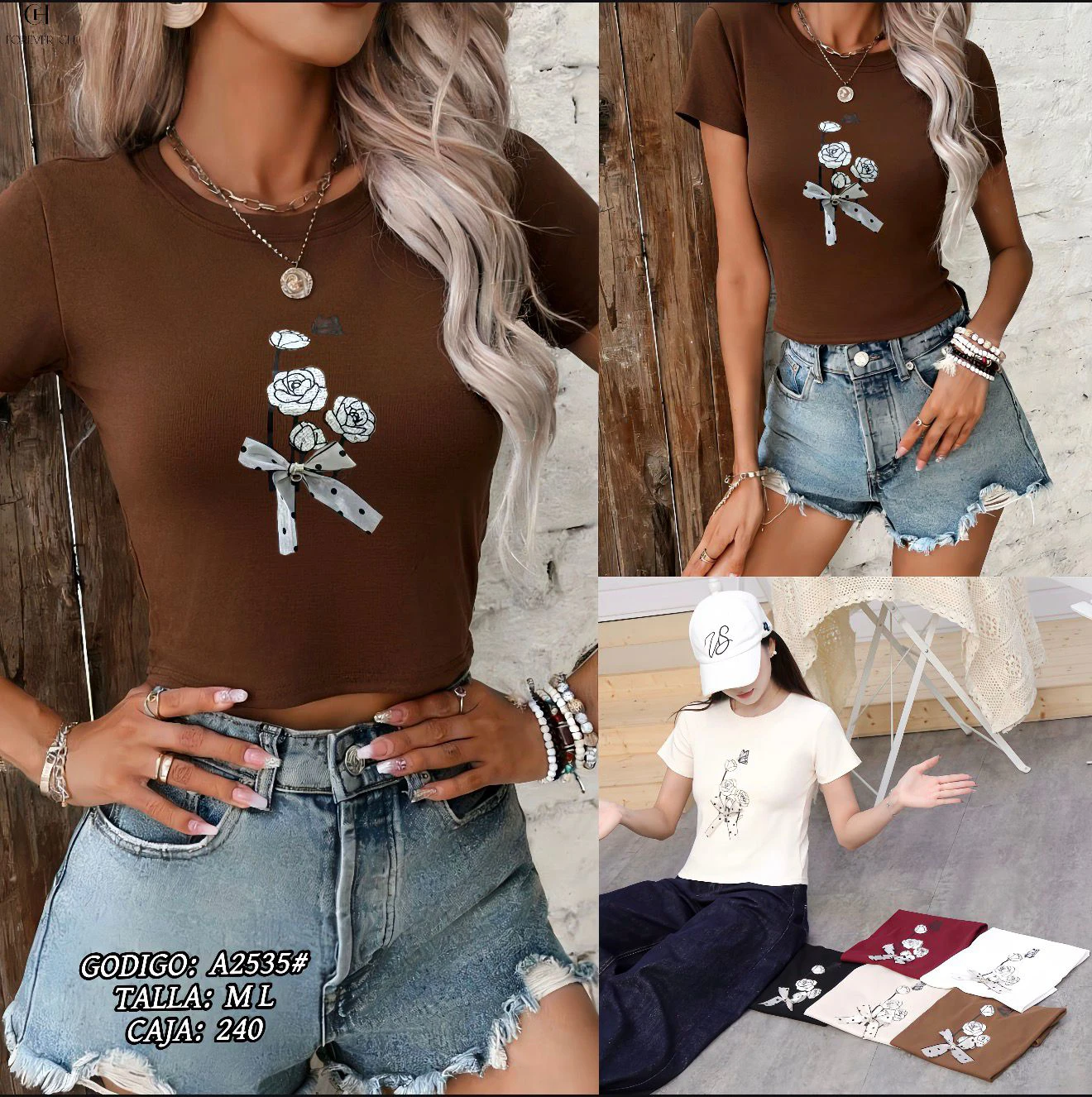Playera de manga corta con estampado floral-A2535