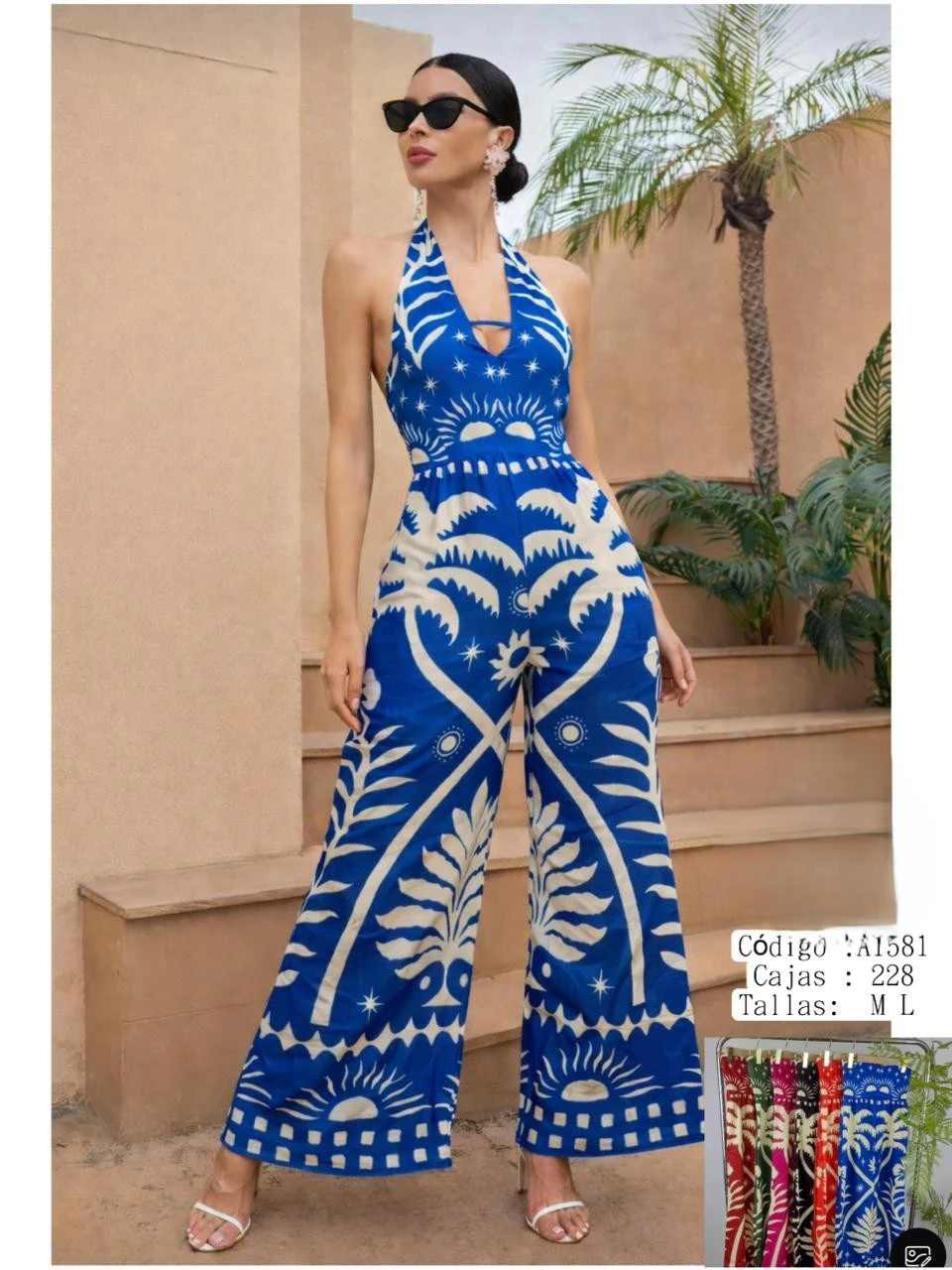Jumpsuit de mujer con cuello halter y estampado tropical-A1581