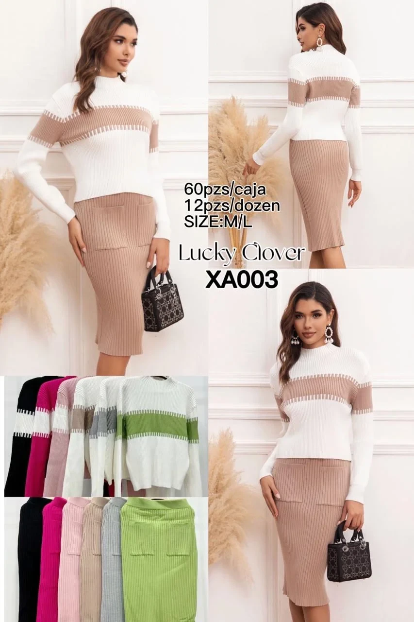 Conjunto de suéter y falda de punto acanalado en varios colores-XA003
