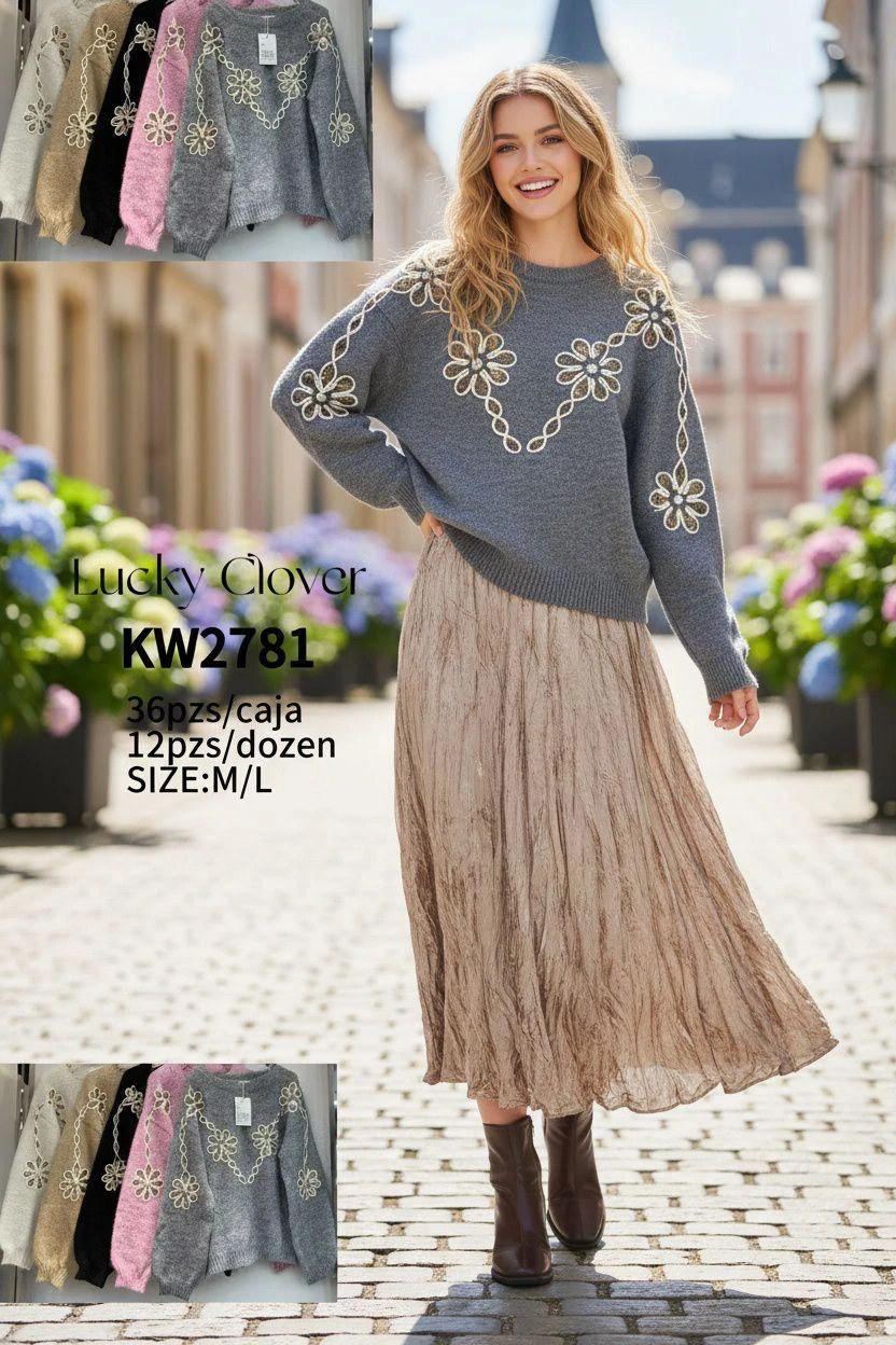 Suéter tejido con flores bordadas-KW2781