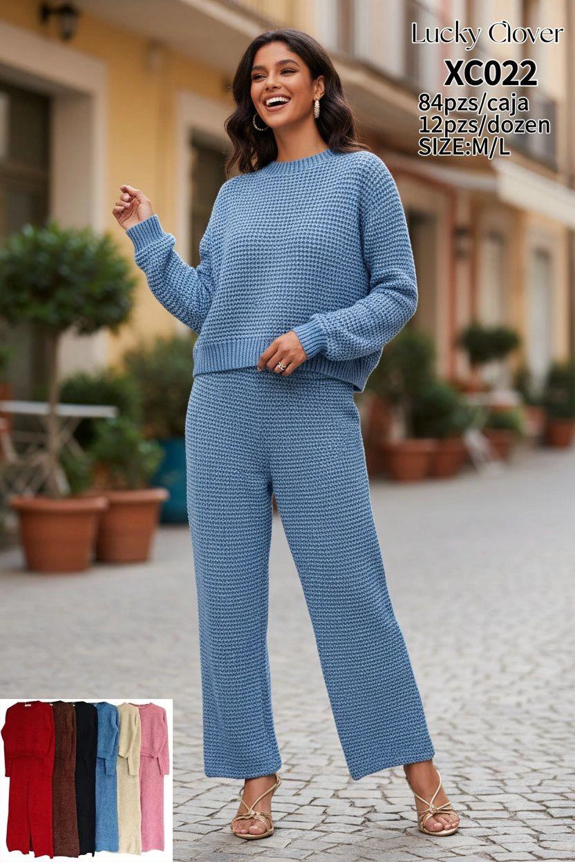 Conjunto de suéter y pantalón tejido para mujer-XC022