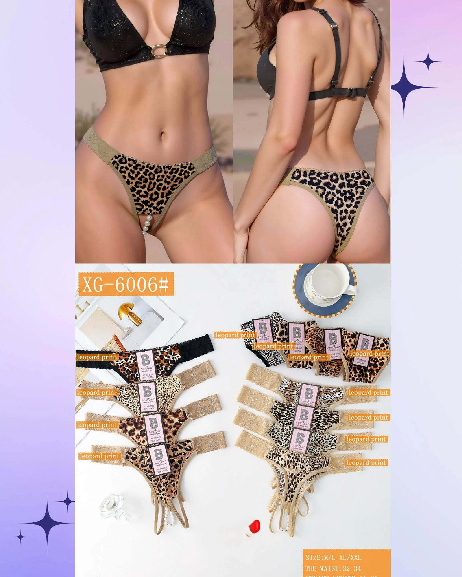 Braguitas estilo Tanga con estampado de leopardo y encaje-XG-6006